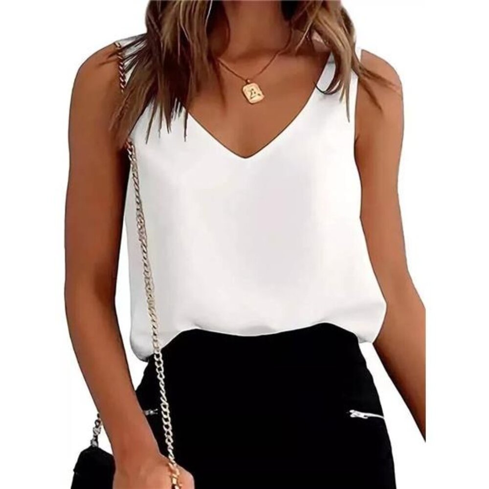 NEW HWOKEFEIYU White Sleeveless Satin Tank Top V-Neck Blouse Women's M